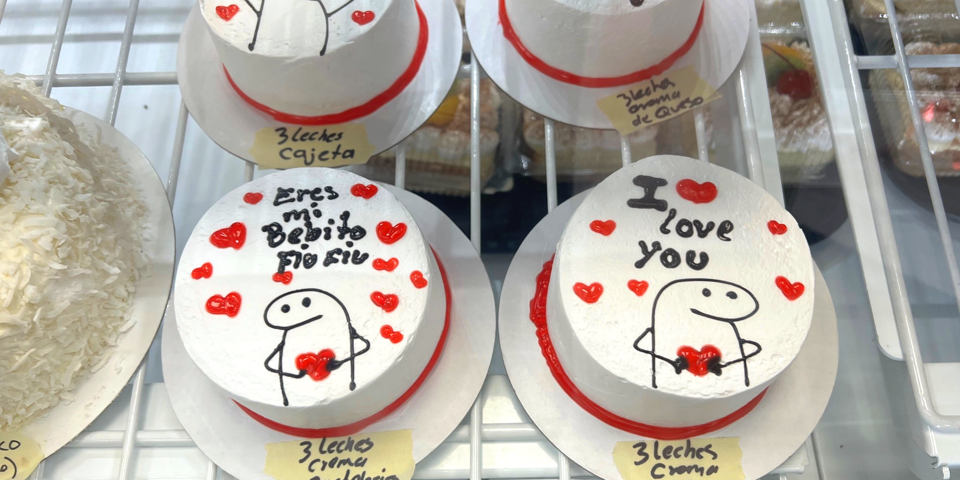 Several tres leches cakes for sale for Valentine's Day in Champaign-Urbana at San Miguel Panaderia.