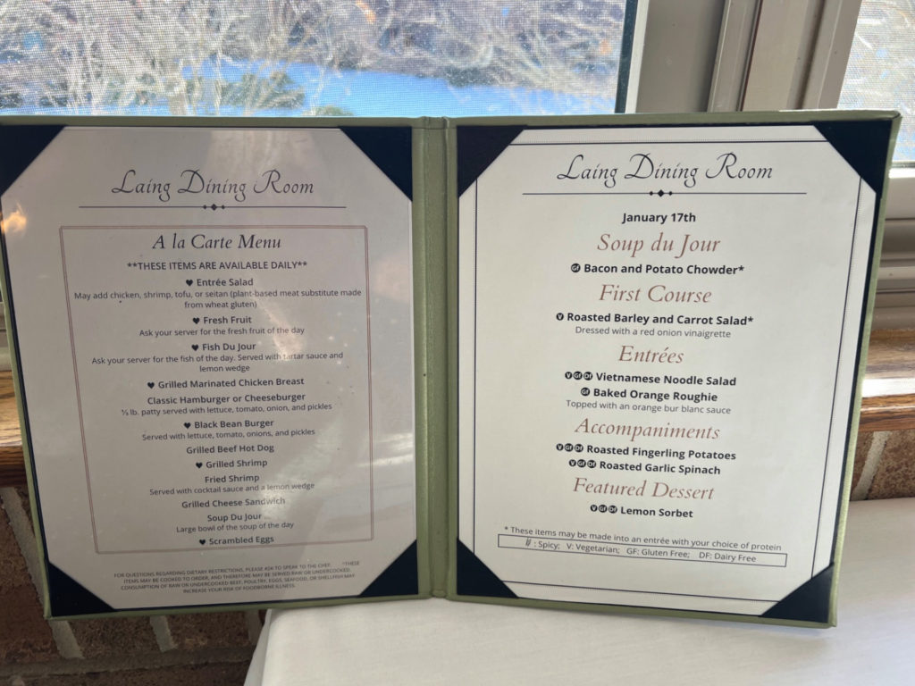 The dining room menu at Clark Lindsey.