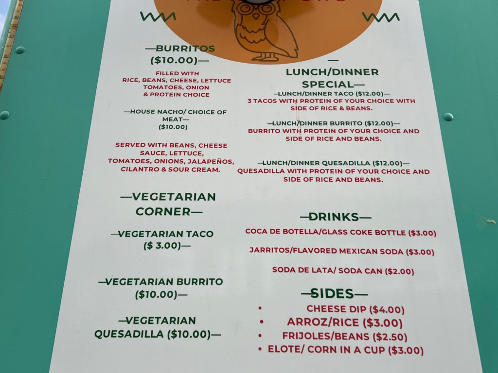 The lunch/dinner specials, burritos, vegetarian corner, drinks, and sides for Night Owl food truck.