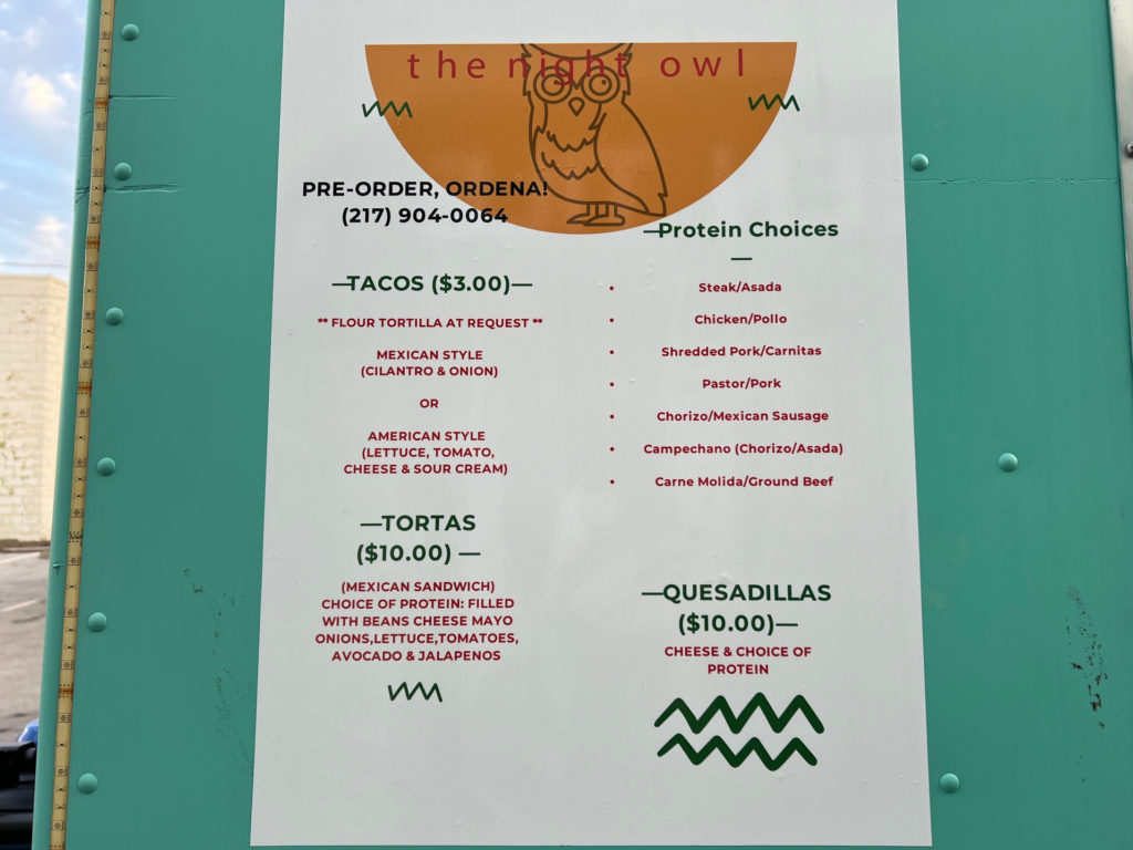 The menu of tacos, protein, tortas, and quesadillas.