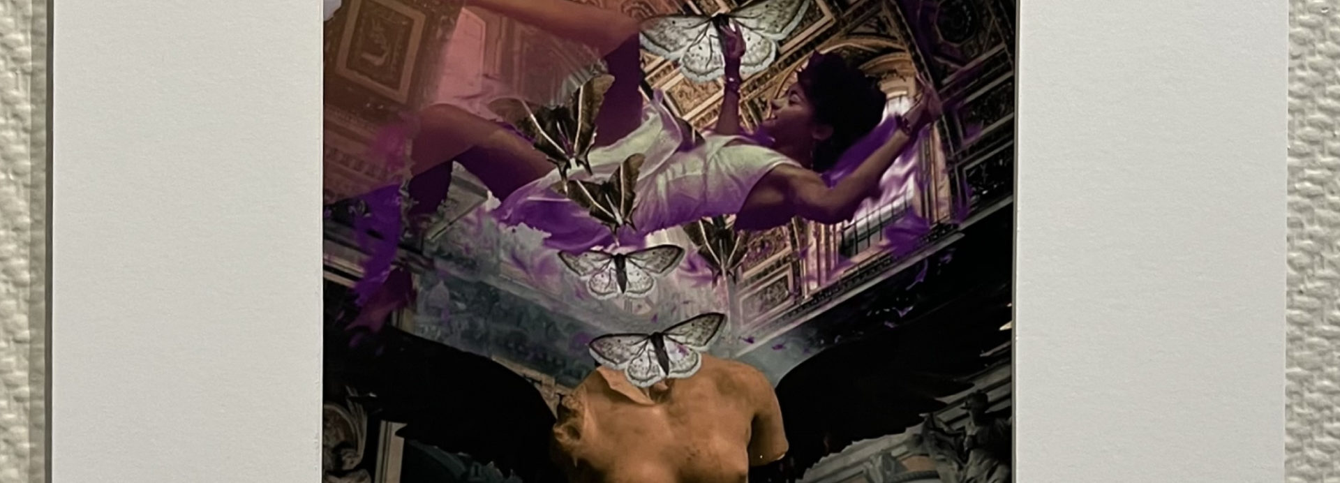 Printed collage image with the figure of a Black woman floating in air amidst purple colors and black and white butterflies inside a Gothic-looking room. The partial upper torso of a headless bust is also visible.