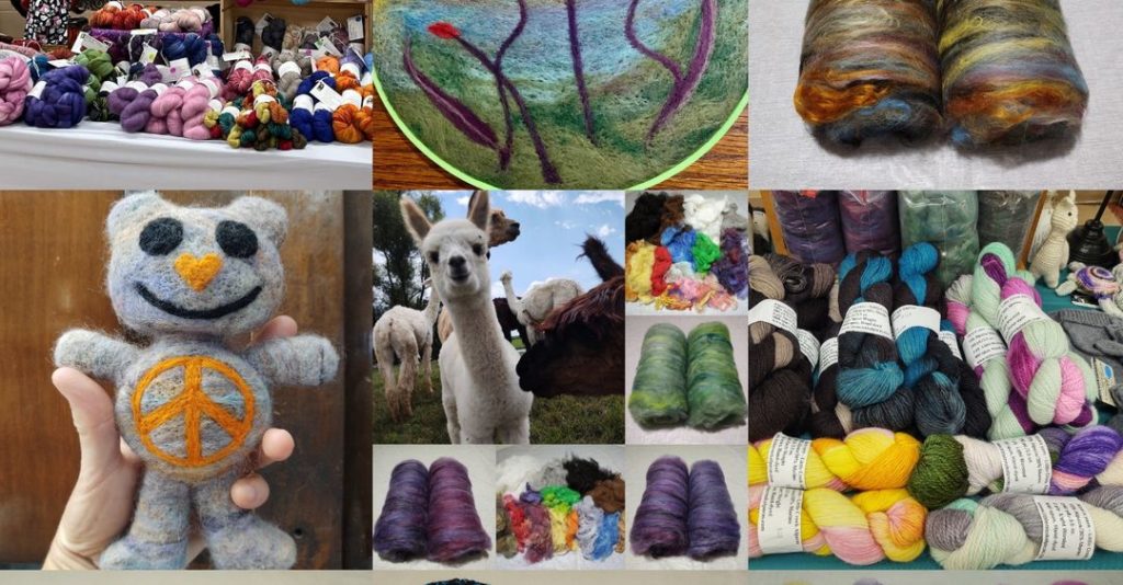 Photo includes several images of colorful yarn in oranges, pinks, blues, greens, and yellows. Image also includes felted animal with an orange peace symbol on the belly.
