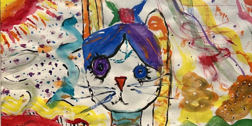 Colorful child's tempera painting of a bunny face with a purple eye and a blue eye. The background includes a red sunshine in the upper-left and yellow and blue and brown and green scribbles and images all over the painting.