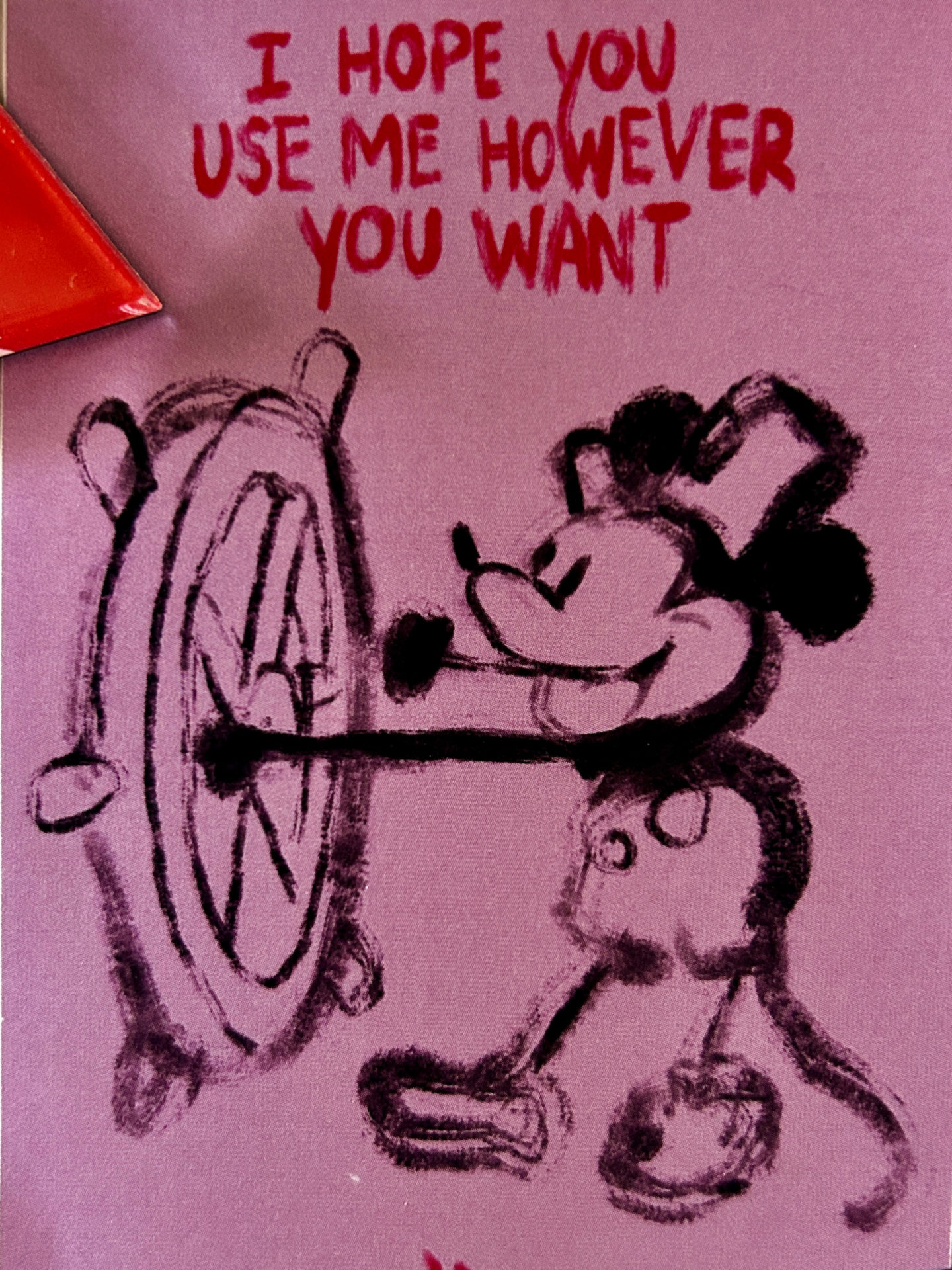 Purple image of Mickey Mouse as Steamboat Willie, steering with a ship steering wheel; the words "I hope you use me however you want" are in red at the top of the image.