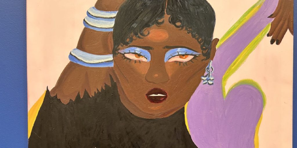 Painted image of person of color with warm brown skin tones, bright blue eyeshadow, with blue bracelets against lavender and chartreuse shadows.