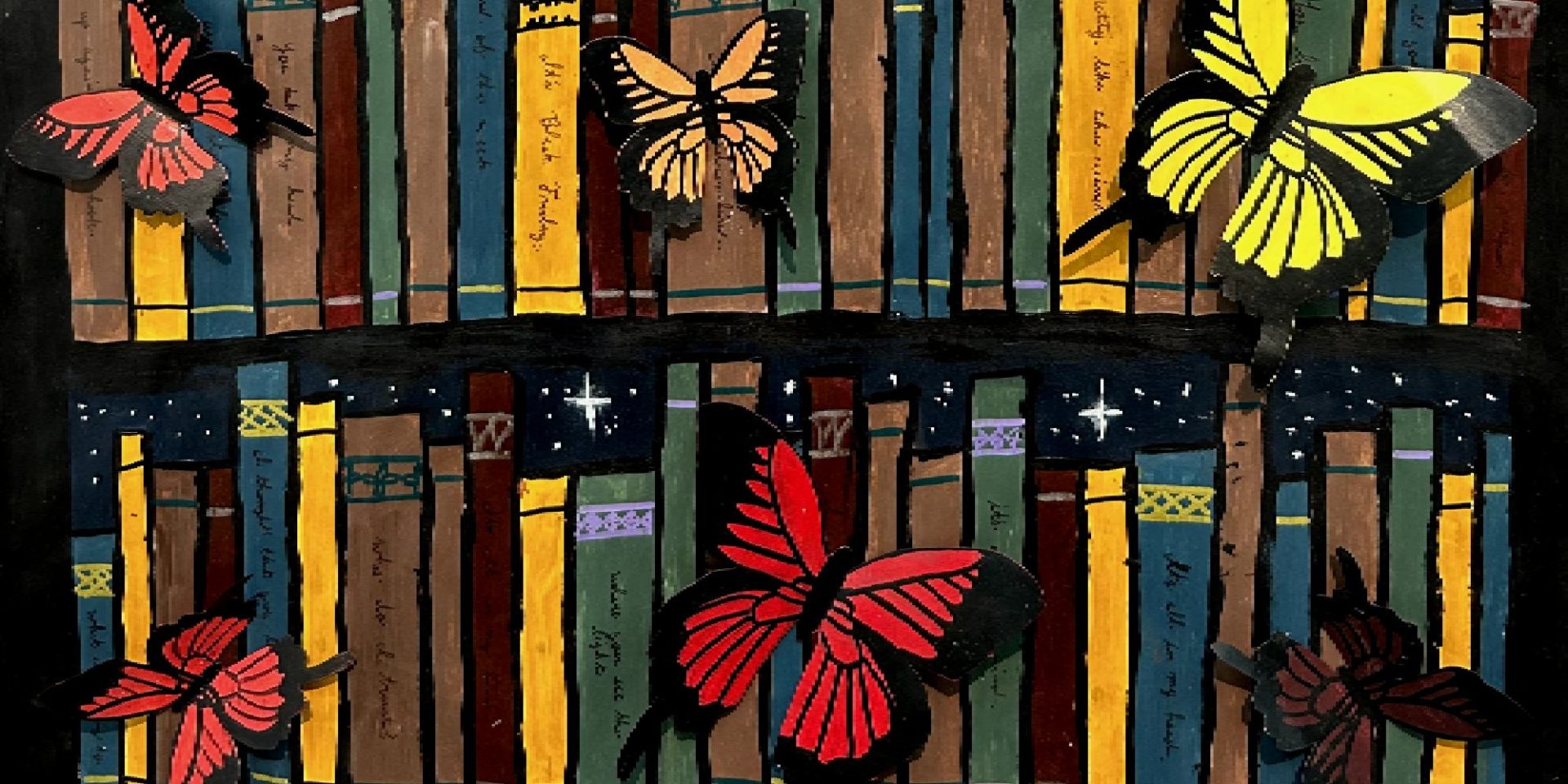 Colorful painting of library books with butterflies on the spines. Books are blue and yellow and maroon spines. The butterflies floating in front are yellow, red, tangerine, and pink.