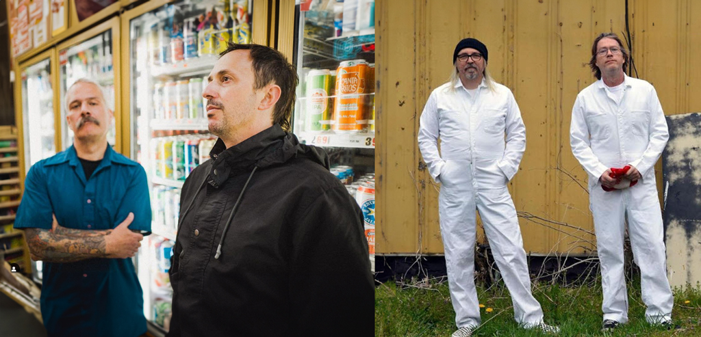 The image presents two distinct scenes side by side. On the left, two men stand in a grocery store aisle, one in a blue collared shirt with folded arms and tattoos visible on his left arm, while the other, slightly ahead, wears a black jacket and seems to be contemplating the items in the freezer section. On the right, there’s a stark contrast with three men outside against a plain wooden backdrop, all dressed in white overalls. The central figure wears glasses and a black beanie, flanked on either side by companions who seem to be at ease, with one casually holding a red object in his hand.