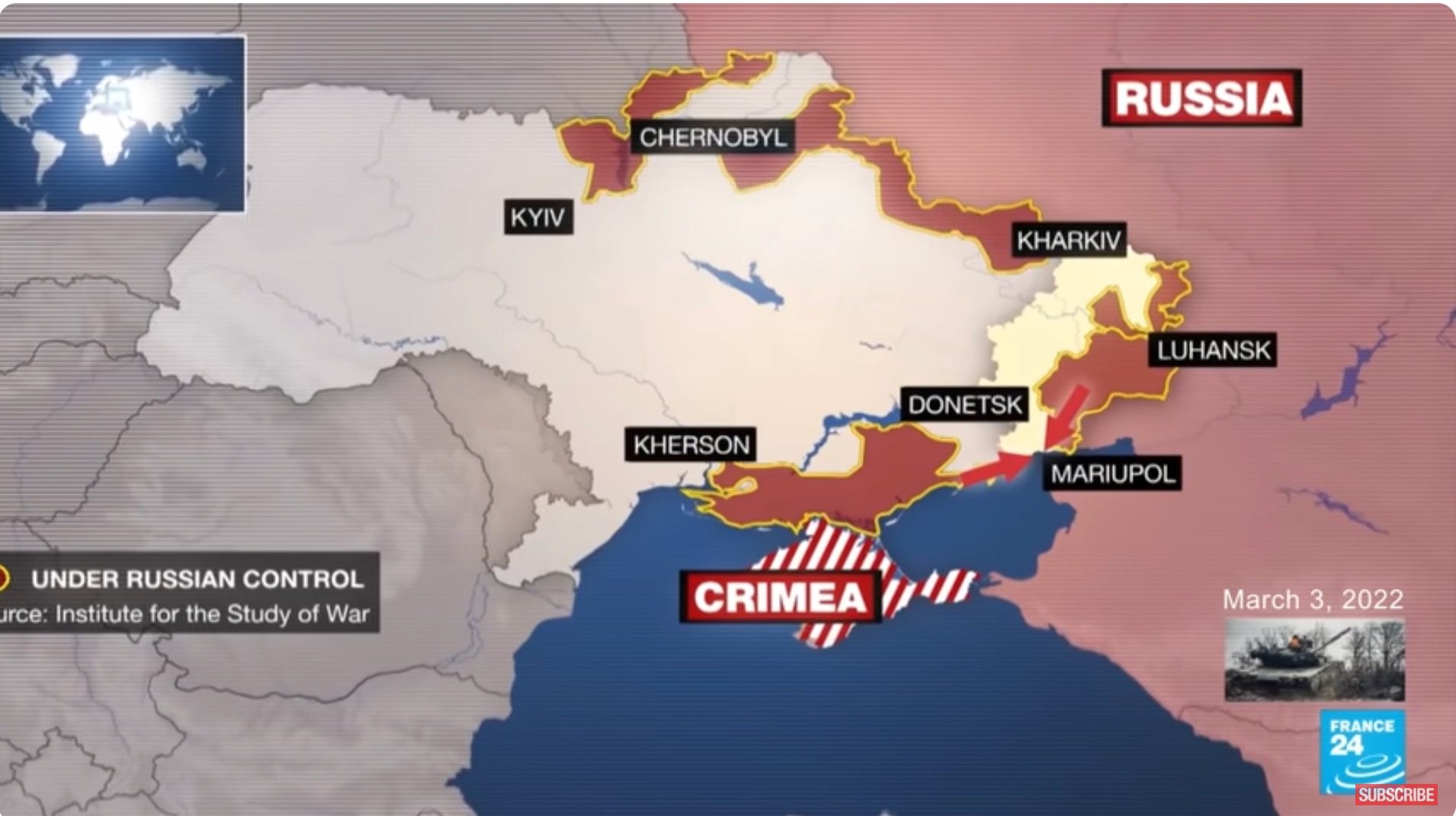Image of a drawn map of Russia, Crimea, and Ukraine. Mariupol, a city in the Donestsk region, is highlighted with red arrows.