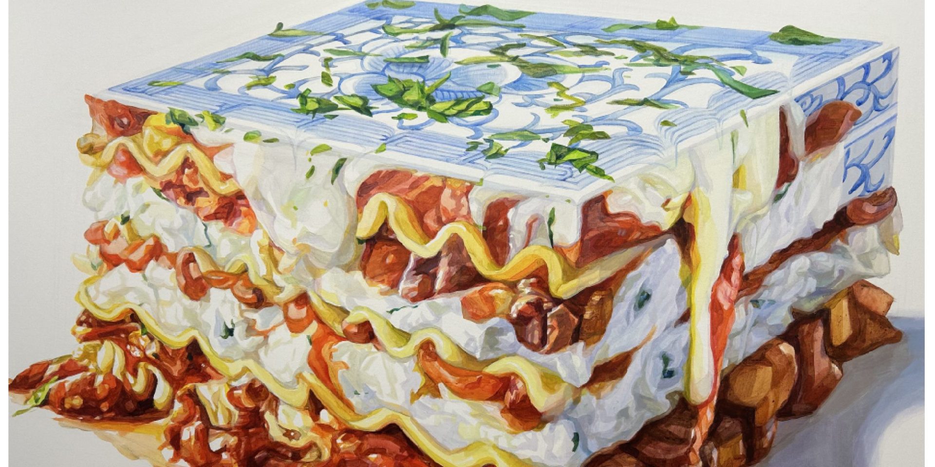 Drawing of cartoonish lasagna with red and white layers of cheese and meat, topped with blue and white Chinese ornamental plate decor with green leaf petals dropped on top.