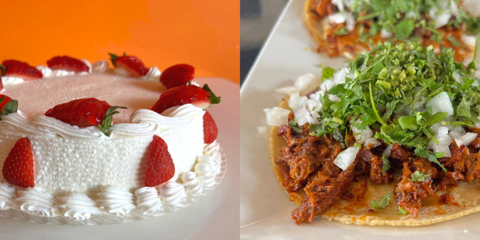 Side by side photos of Rick's Bakery tres leches and Maize taco al pastor
