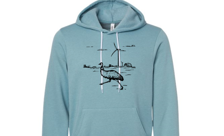 A light blue hooded sweatshirt with the image of an emu in black ink.