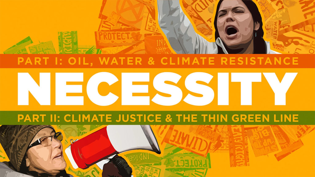 A bright orange poster with the words "Necessity" in big white capital letters. On the top right is a brown woman with black hair protesting with one arm in the air. On the bottom left is a white woman wearing glasses and a wool hat, holding a megaphone. 