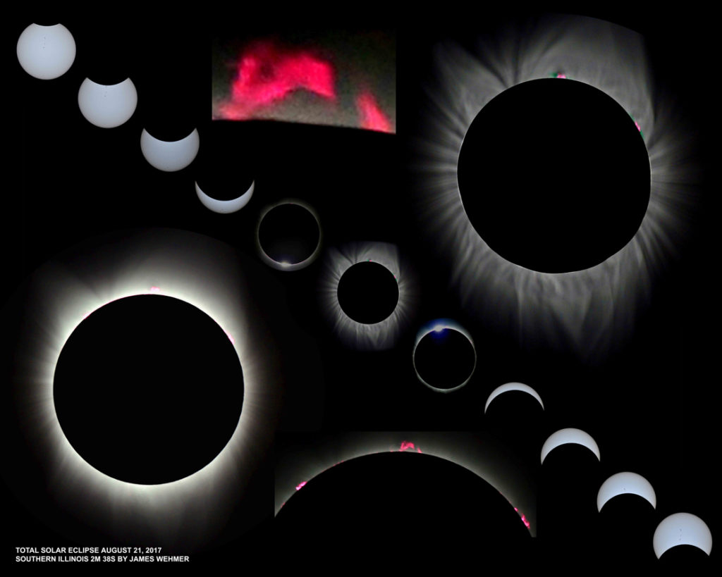 A digital collage of every phase of the 2017 solar eclipse. It has a black background with the Moon visible as white with red flames visible around the Moon.