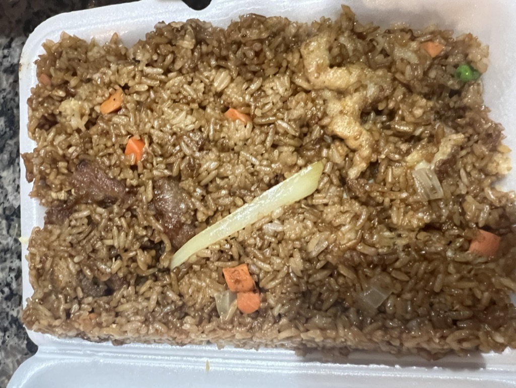 Combo fried rice takeout from Peking Garden.