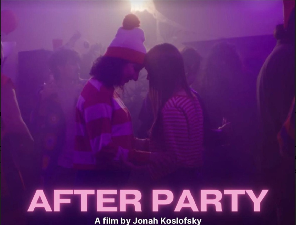 Dark purple photograph with two women in the center, one is wearing a bold red and white striped shirt and beanie and the other wears a smaller striped red and white shirt. The words "after party: a film by Jonah Koslofsky" are on the bottom.