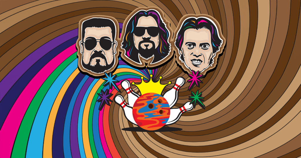 Cartoon image of three faces, two with sunglasses and the other with rainbow hair. Background has rainbow colors winding into brown and beige swirls with an orange bowling ball and four bowling pins sparked by pink, green, blue, and purple stars.