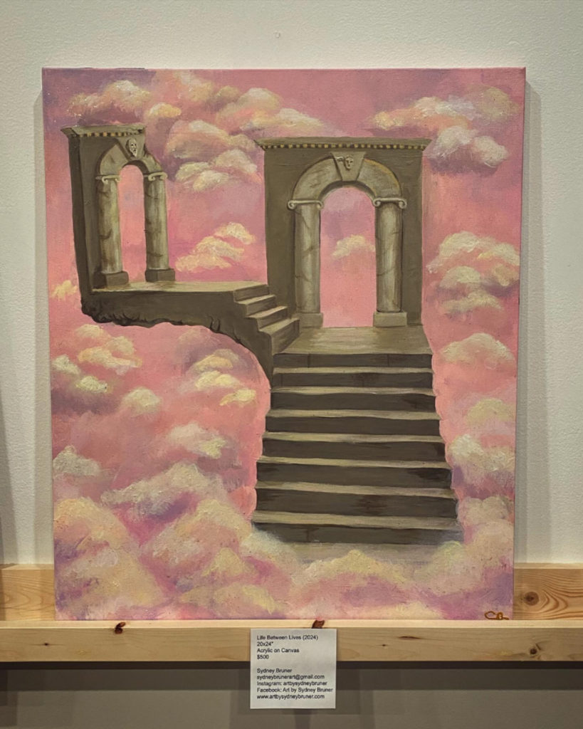 Abstract painting with a bright pink background, white clouds, and a beige staircase with arches leading to the clouds