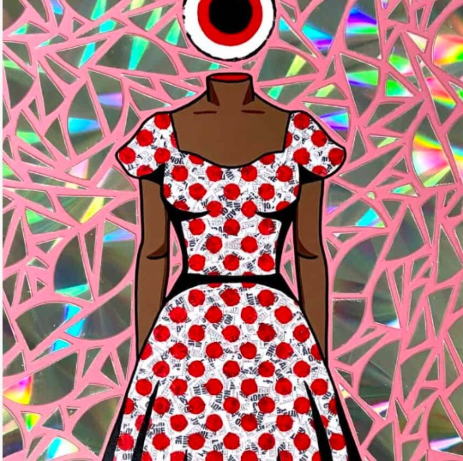 Photo of a piece of artwork with broken tiles of old compact discs reflecting rainbow colors in the background on a pink canvas. The foreground is a Black female body with tickets making up her red and white polka-dotted dress.