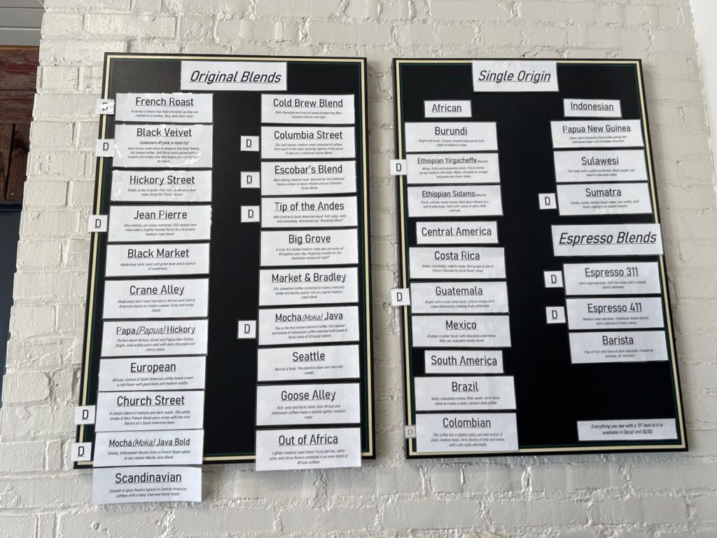 A list of single-origin and original coffee blends by Columbia Street Roastery.