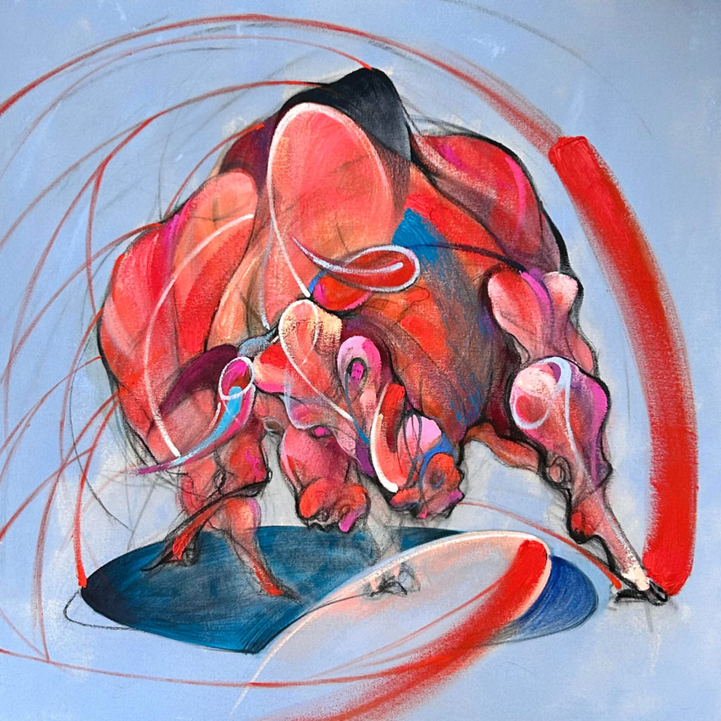 Painting of an abstract image of a bull. The bull is painted in broad brushstrokes of red, pink, white, and blue against a pale blue background.