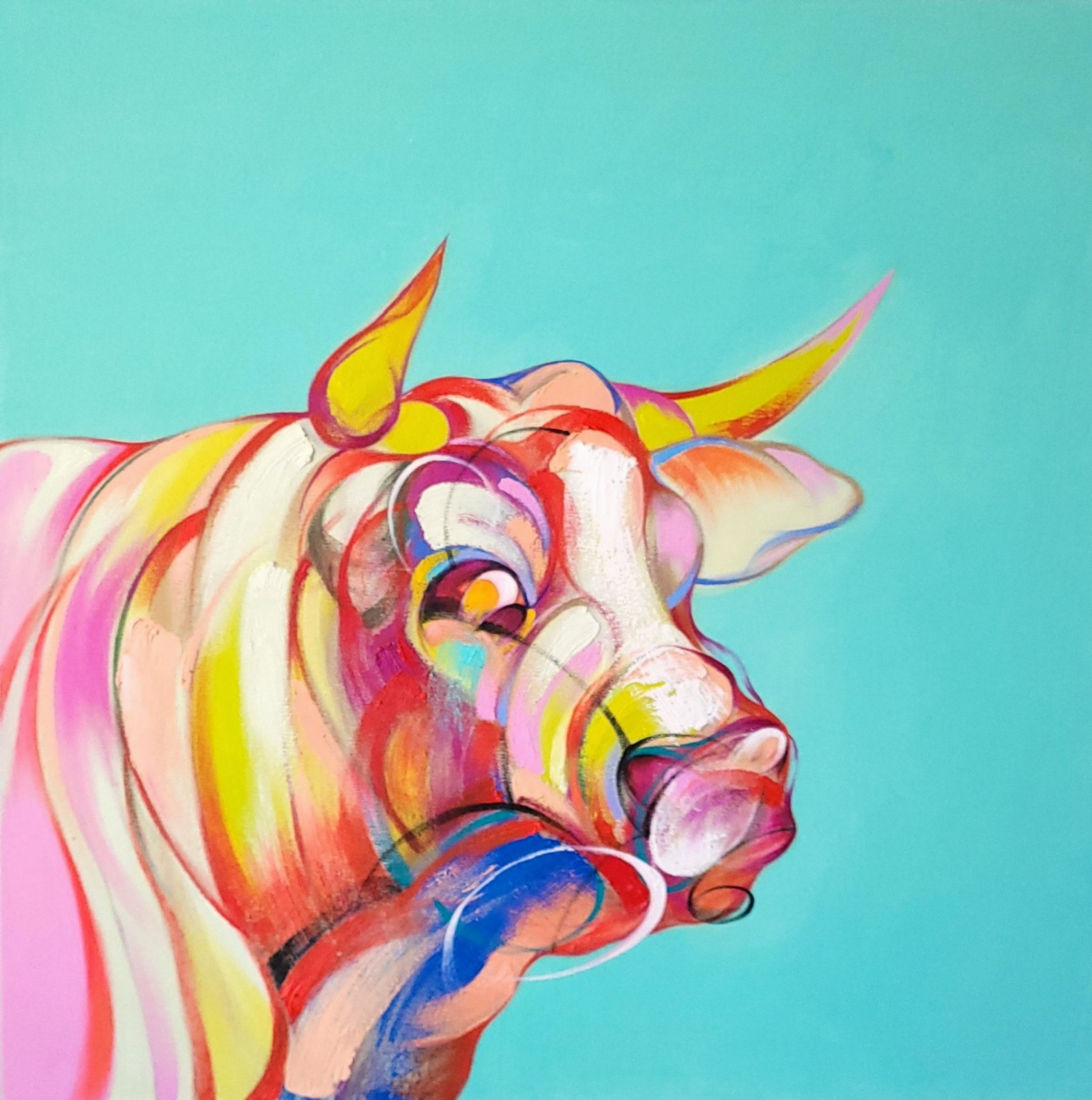 Artistic image of a colorful bull against a plain teal background. The bull is painted with broad strokes of pink, yellow, blue, white, and red.