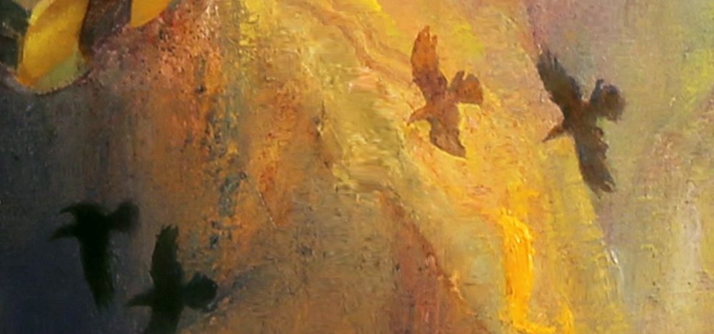 gold and brown painting featuring two flying birds