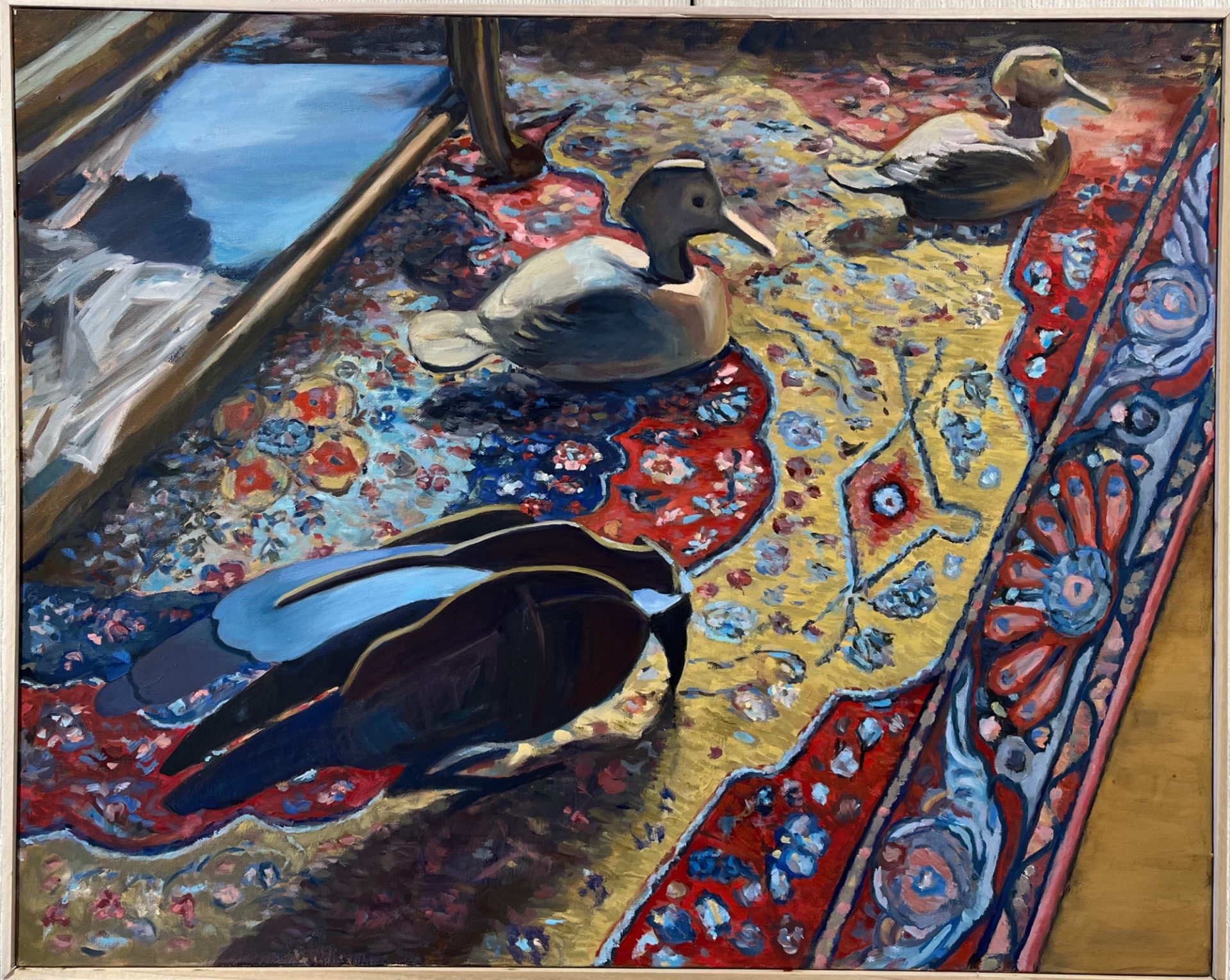 Painting of a Persian rug with red and yellow background and flower shapes; a painting of brown wooden ducks sit on top of the rug.