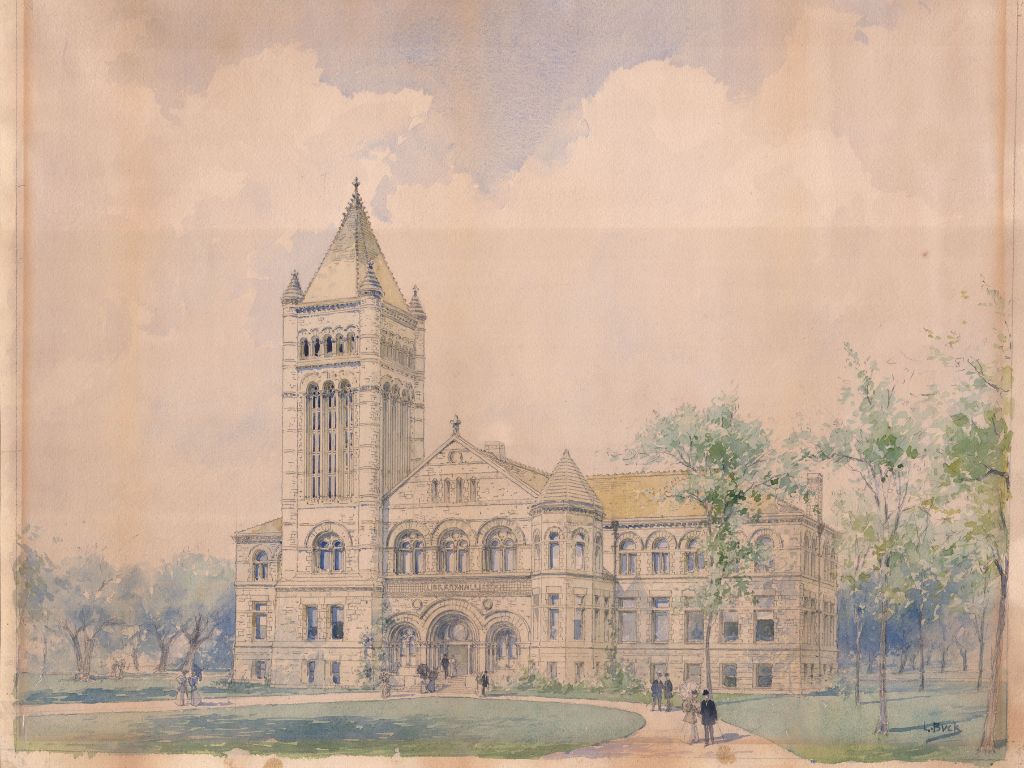 A faded watercolor painting of the Altgeld Hall building on a sunny day. People are strolling down the sidewalk towards the 3 story building and the large bell tower looms above on the left side of the building.