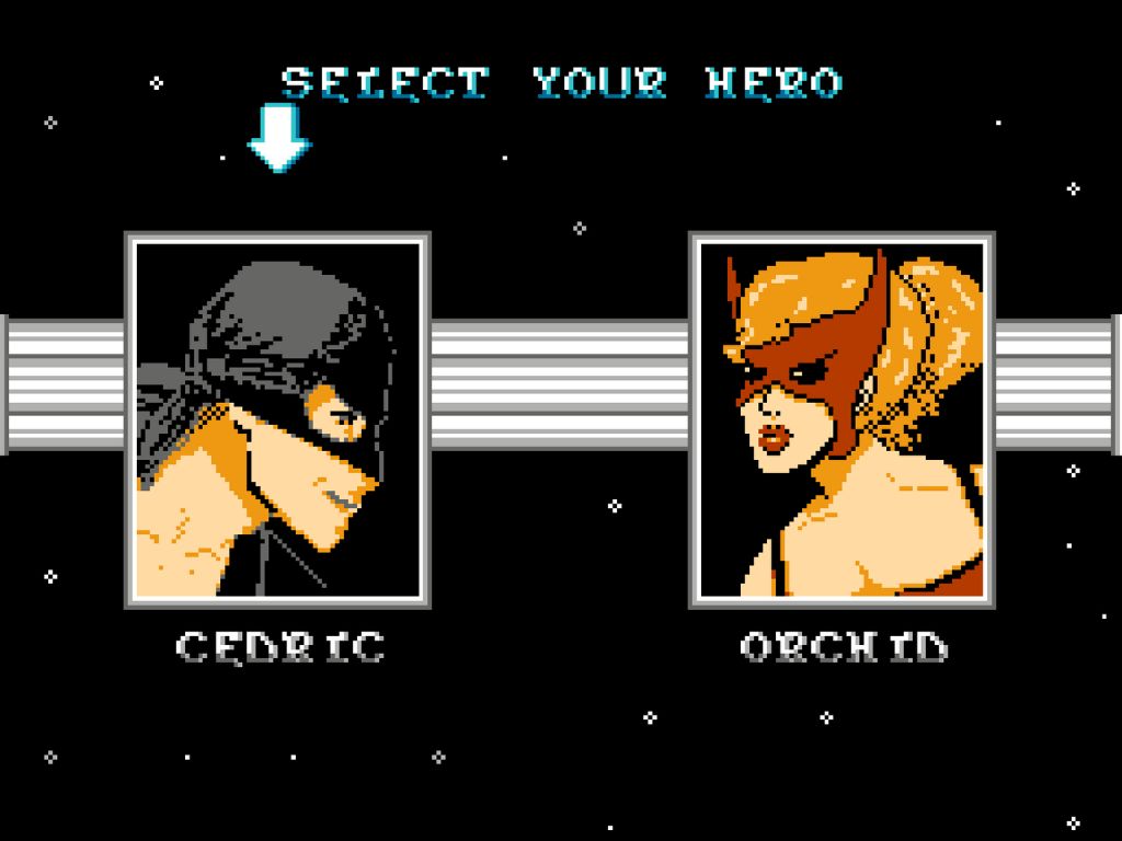 A black background of a video game screen with the option to select your hero. A white man with a black mask covering the top half of his face or a white woman in a red mask and orange hair.