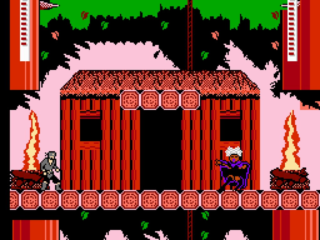 A screenshot of a vintage video game the background is pink and there is a red house on a platform and two characters on either side of it. 