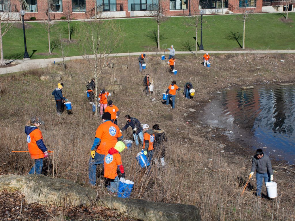 A large group of people in warm clothes and orange t-shirts pick up trash  in Boneyard Creek. There is water on the right side, tall grasses, a sidewalk, and shorter green grass in the background. 