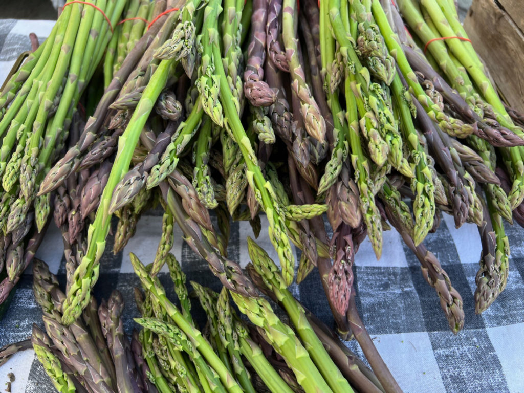 Several bunches asparagus for sale at the farmers' market.