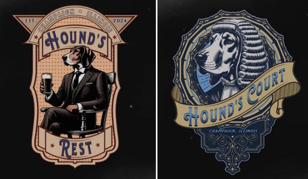 Two logos for Champaign bars featuring fancy dogs: Hound's Rest and Hound's Court.