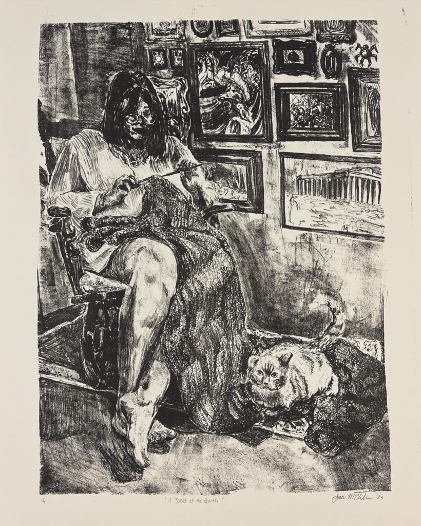 A black and white lithograph print with a woman seated and knitting with a cat at her feet