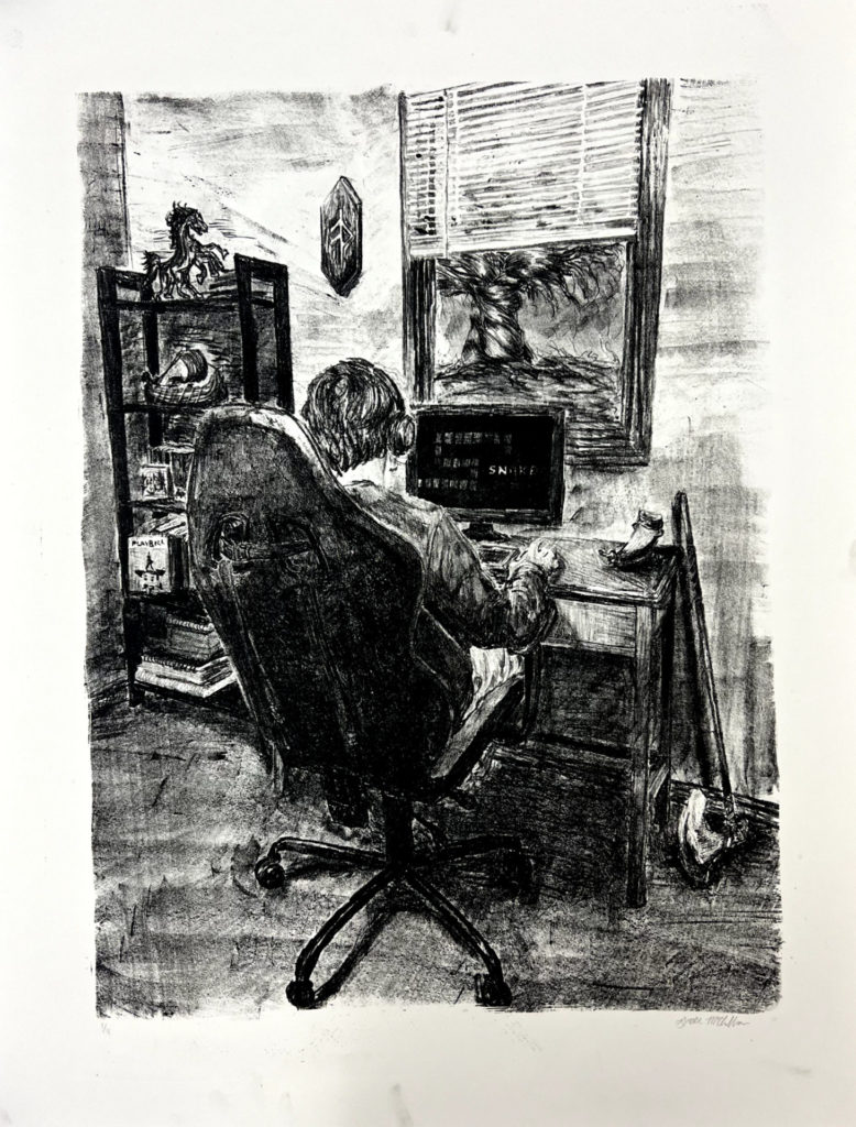 Black and white lithograph print of a young person sitting at a computer desk on a computer in front of a window