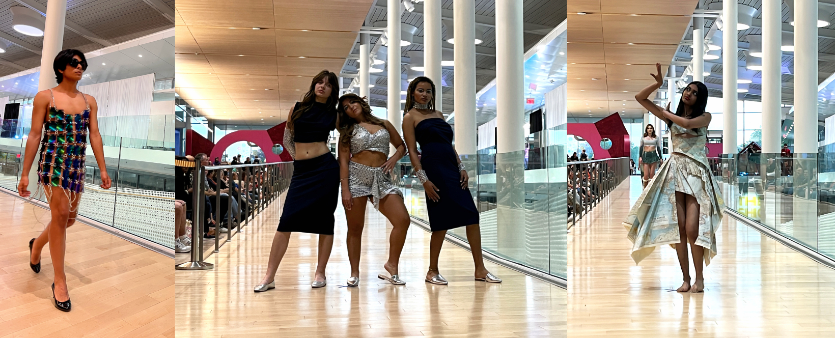Three images of runway models from ReFashioned 2024. L-R: A person wearing a mini dress made of rainbow, shiny plastic pieces; three women pose, with the woman on the left wearing a black crop top, a black skirt, and a silver sleeve; the middle woman wearing a shiny silver crop top and skirt; the woman on the right wearing a strapless black dress with silver bangles on her wrists. On the right: a woman wears a dress made of paper maps and poses with her hands lifted to her right.