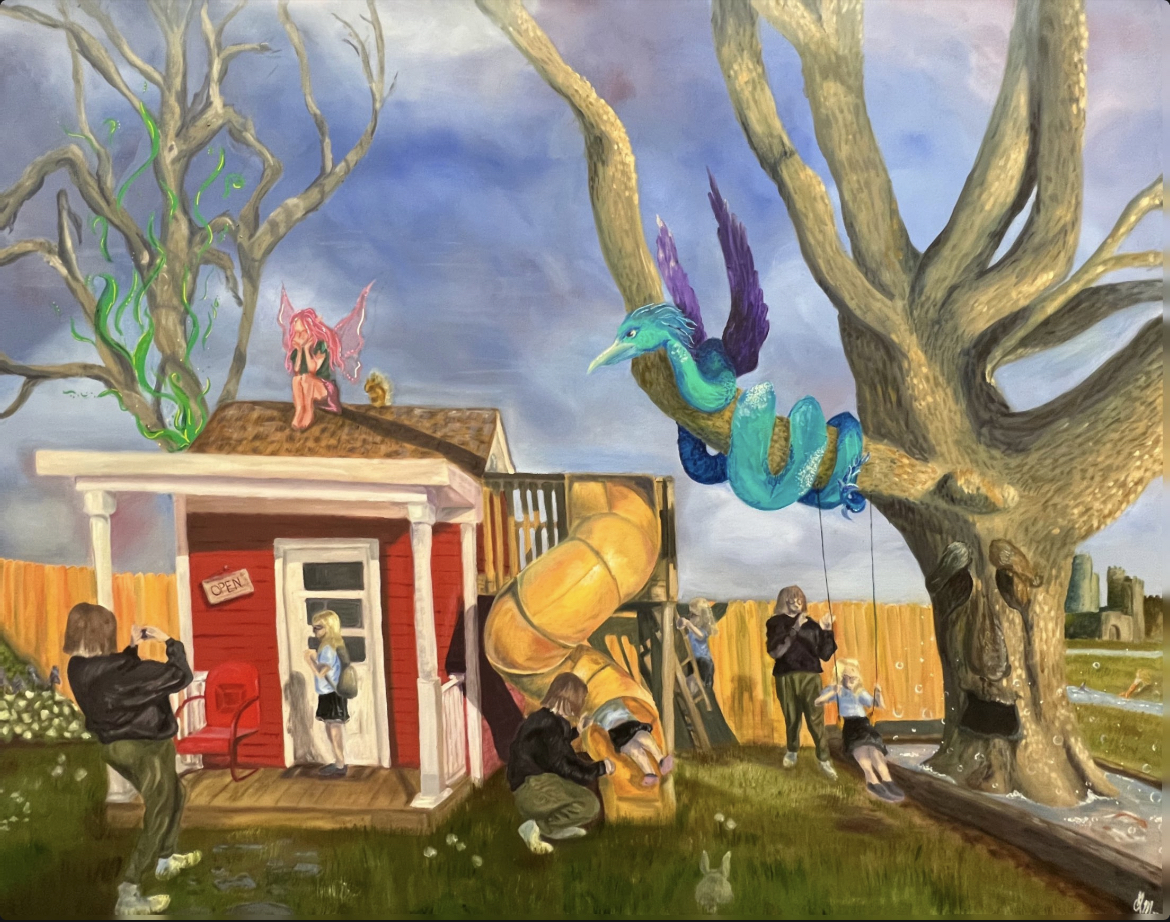Oil painting featuring a small red playhouse with a white porch. Several children are playing around the house which is next to a leafless tree with a teal blue dragon snake wrapped around a branch.