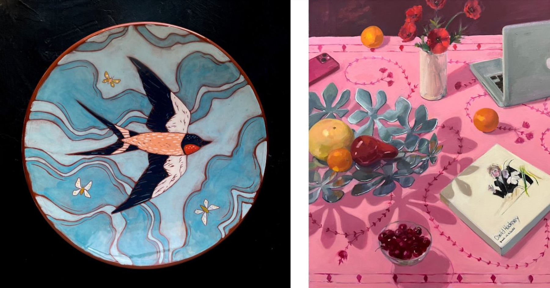 A blue and white ceramic plate is painted with a black and white bird in flight and next to that is a painting of a pink tablecloth with a bowl of fruit, a book, a laptop, and a vase of red flowers.